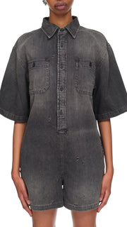 R13 Freddy Cowboy Shirt Women Romper M Elmore Black Distressed Tex RRP799