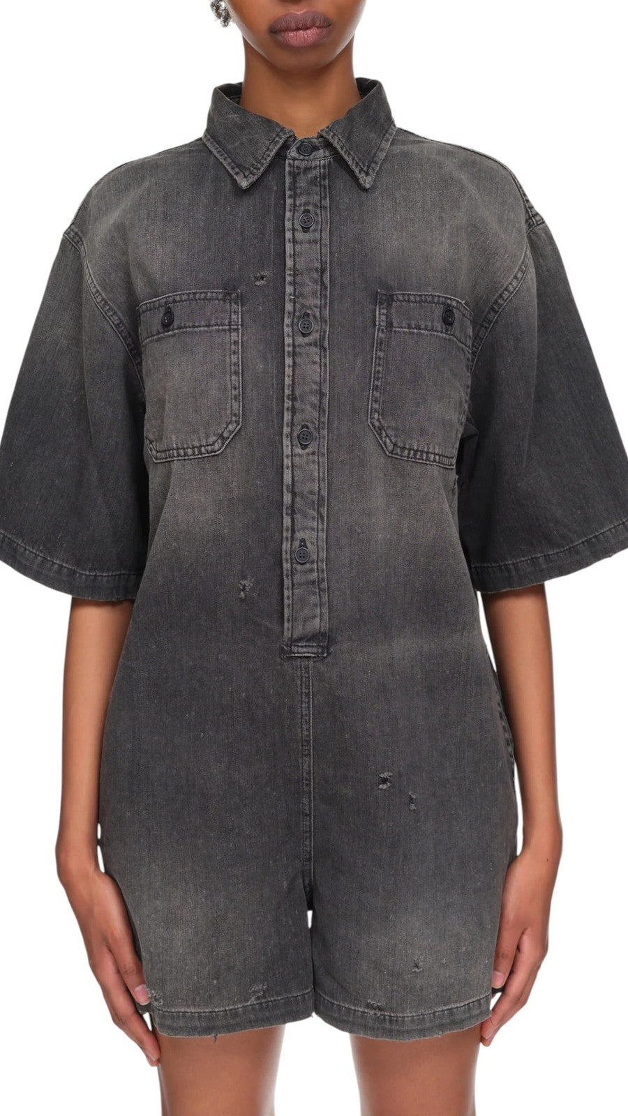 R13 Freddy Cowboy Shirt Women Romper M Elmore Black Distressed Tex RRP799