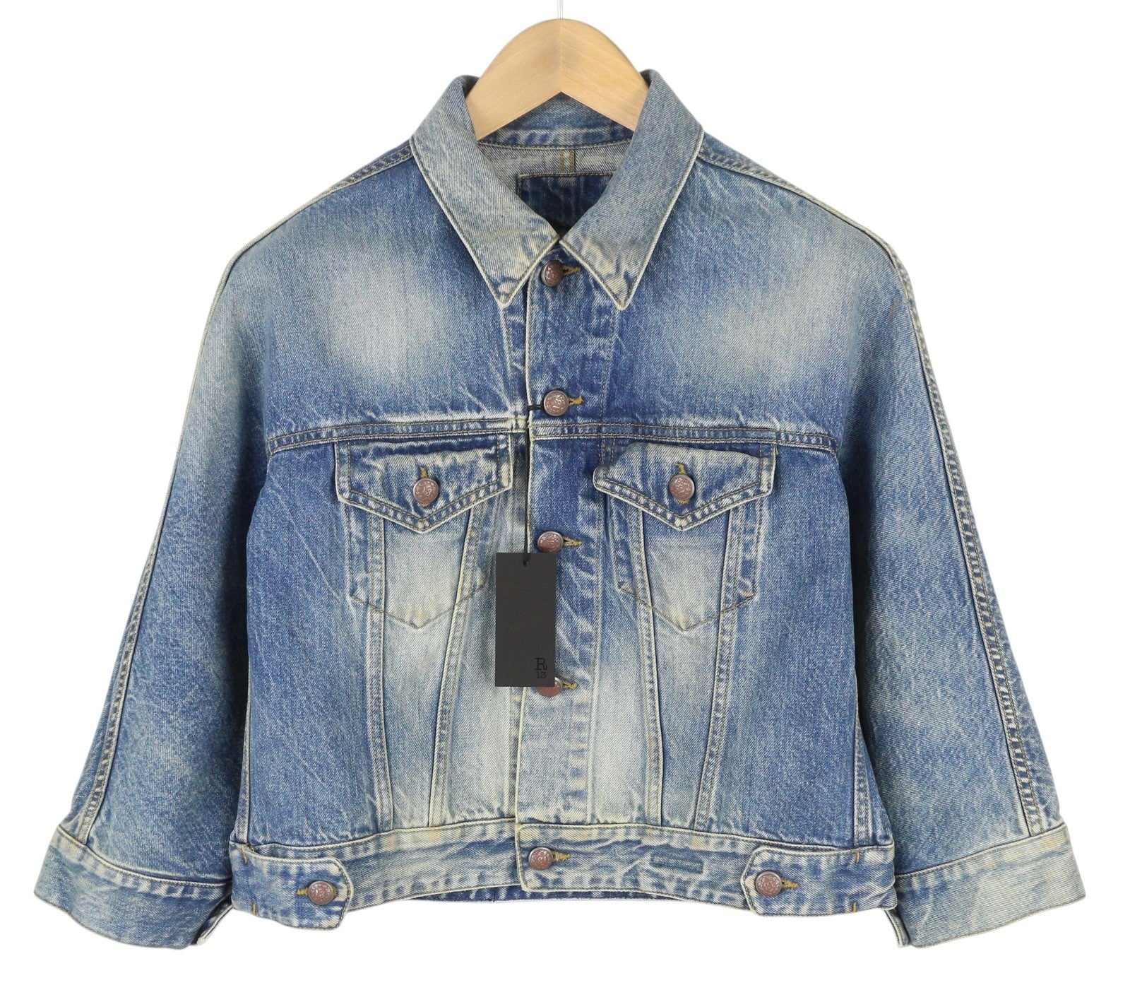 R13 Cropped Raglan Trucker Women Jacket M Jasper Oversized Faded Denim