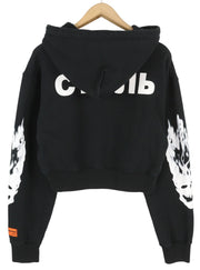 HERON PRESTON Flaming Skull Crop Women Hoodie L Black Printed Pullover RRP499