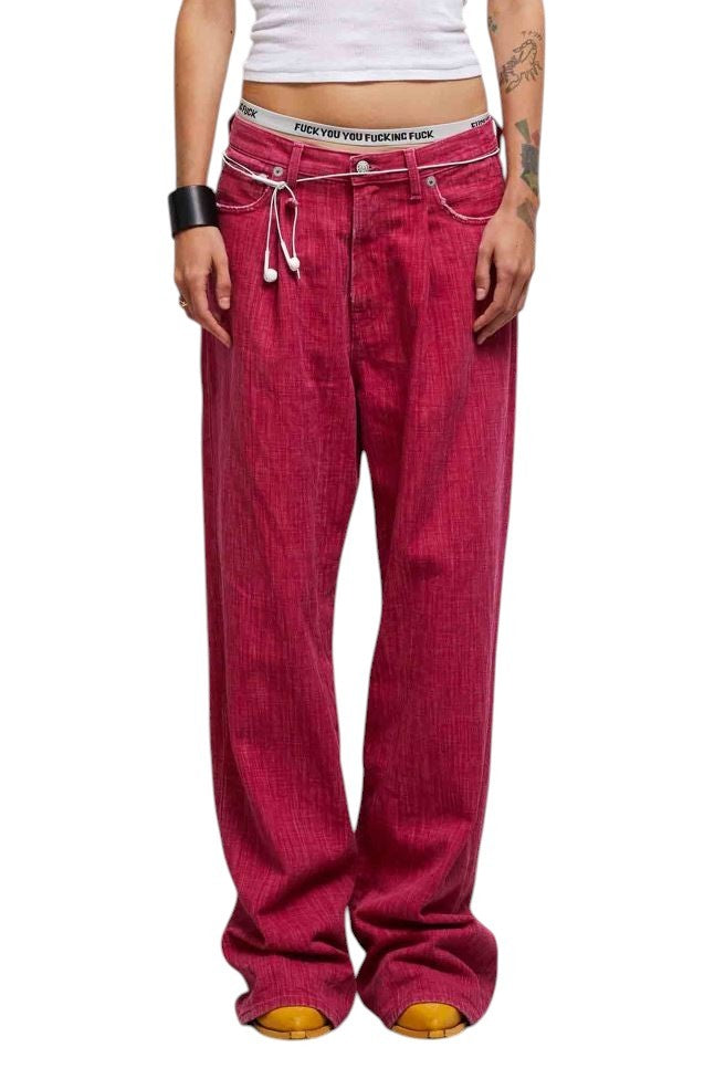 R13 Damon Pleated Women Jeans 26 Vivid Pink Wide Leg Zip Pocket Denim