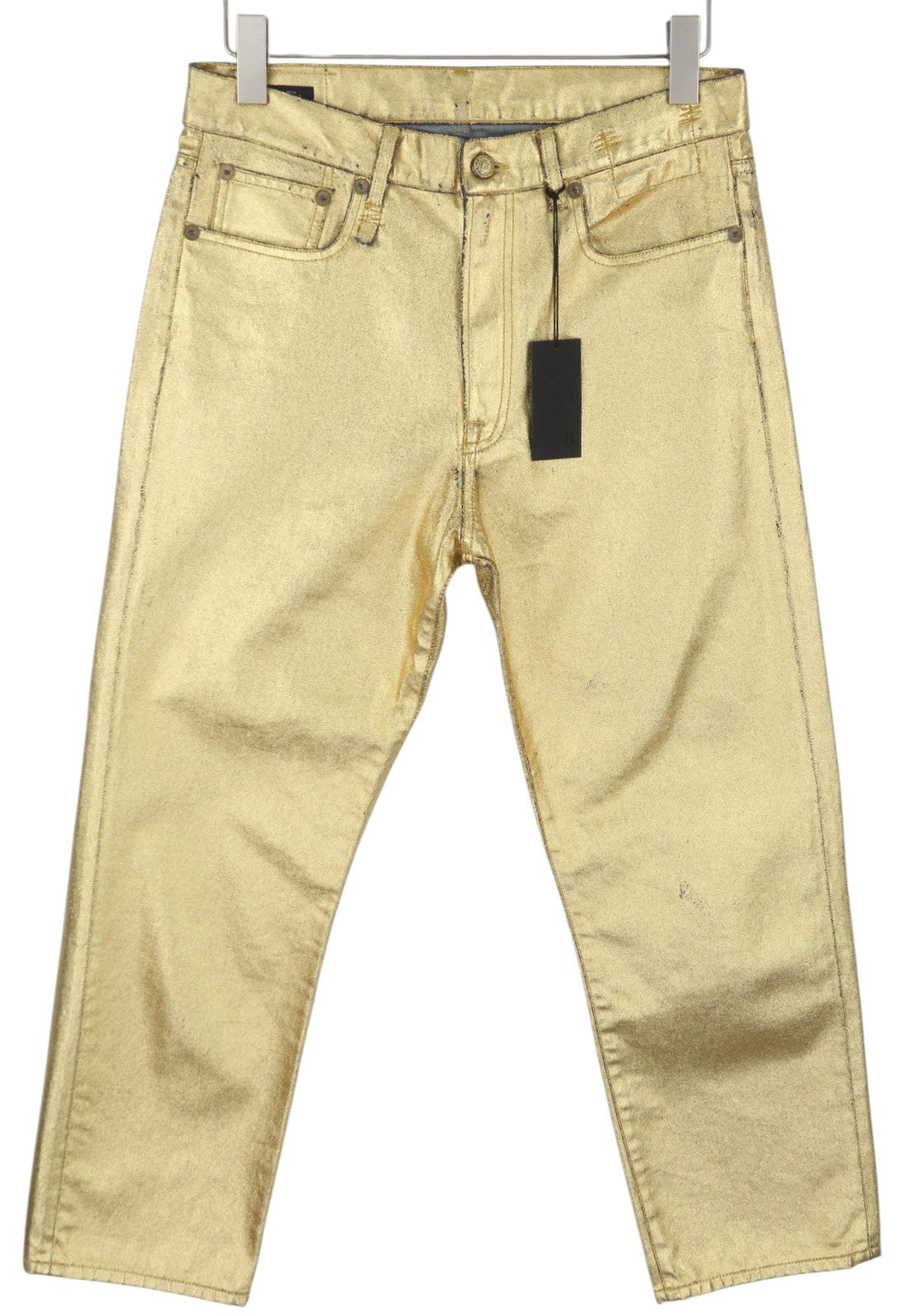 R13 Boyfriend Women Jeans 27 Gold Indigo Shiny Straight Zip Logo Denim