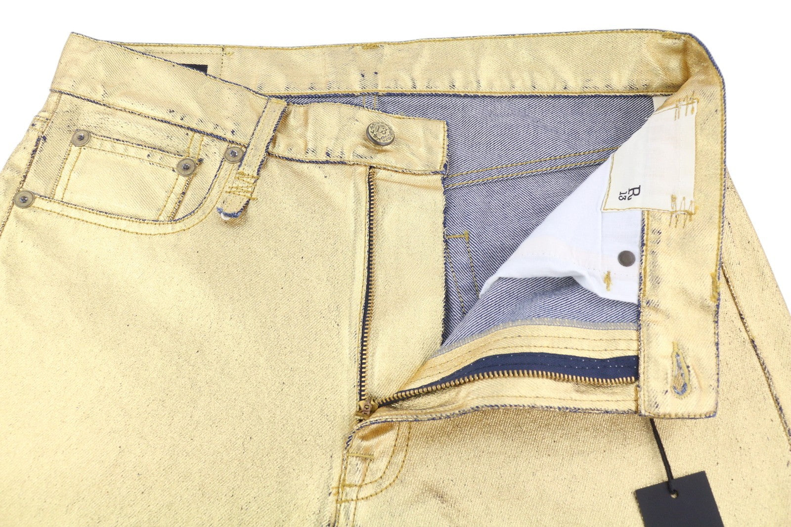 R13 Boyfriend Women Jeans 27 Gold Indigo Shiny Straight Zip Logo Denim