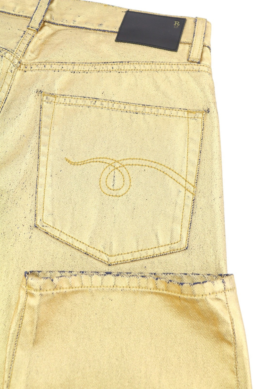 R13 Boyfriend Women Jeans 27 Gold Indigo Shiny Straight Zip Logo Denim