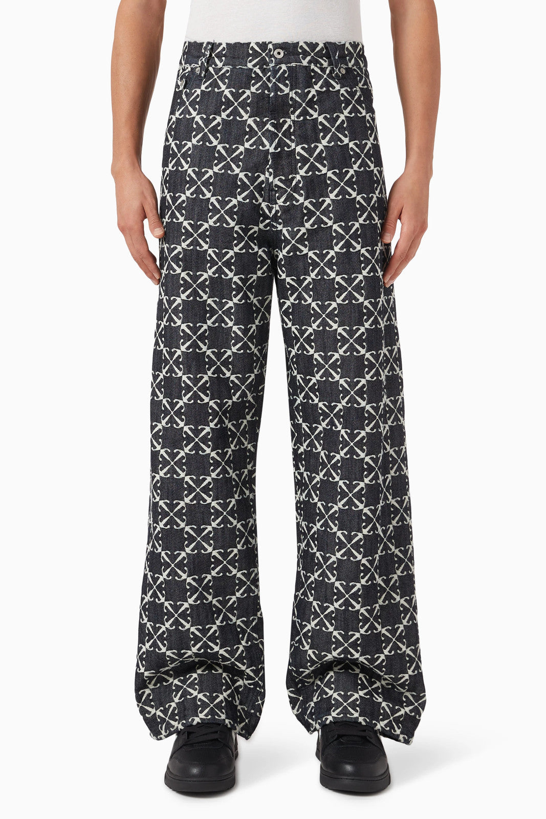 OFF-WHITE Men Jeans W33 Arrow Jacquard Straight Cotton Blue 5 Pocket