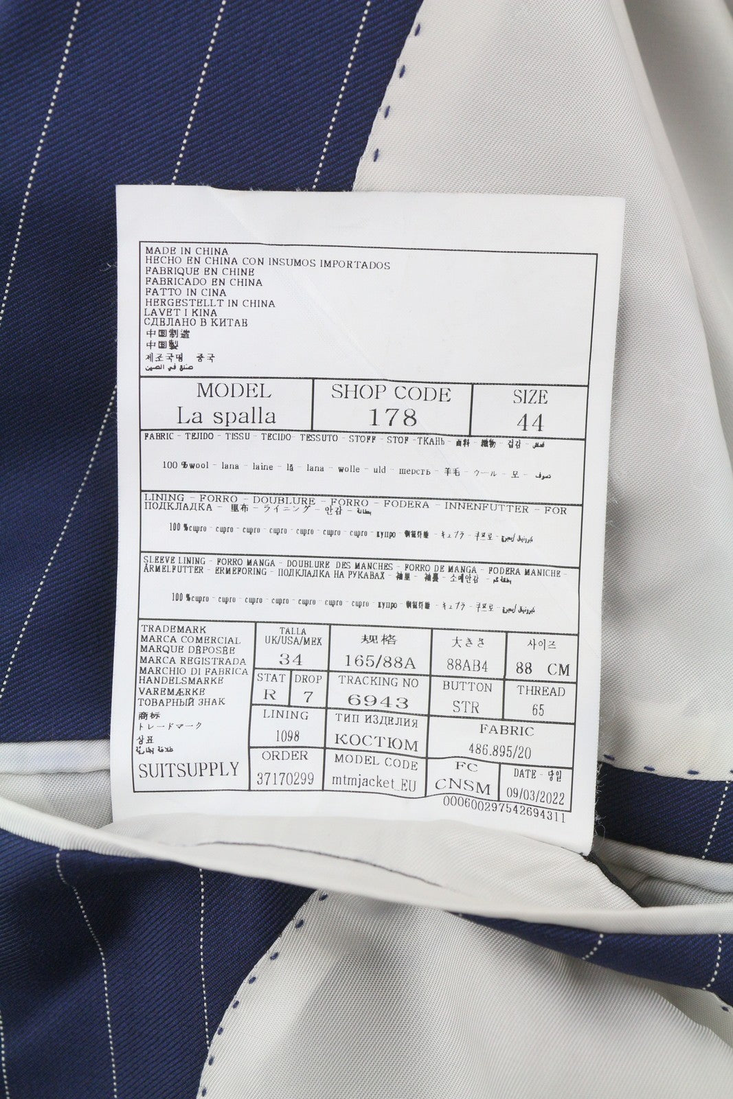 SUITSUPPLY La Spalla Brescia Men Suit UK34R UK36L Blue Wool Pinstripe 2 Piece