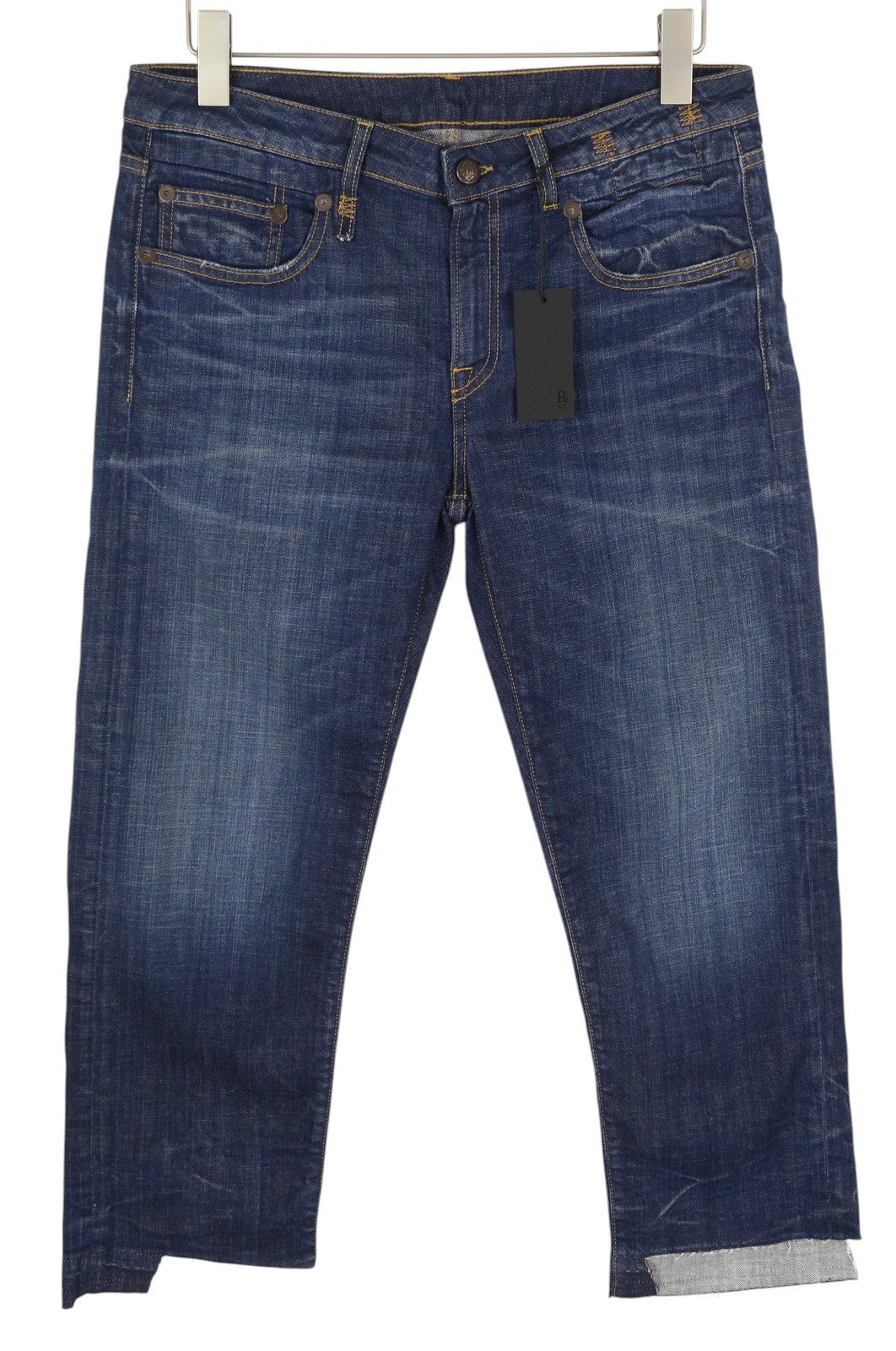 R13 Boy Straight Women Jeans 31 Howell Indigo Uneven Hem Whisker Fade