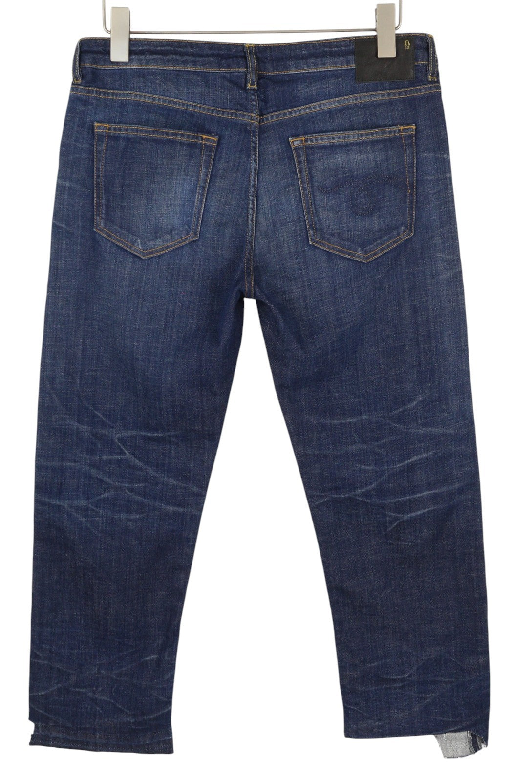 R13 Boy Straight Women Jeans 31 Howell Indigo Uneven Hem Whisker Fade