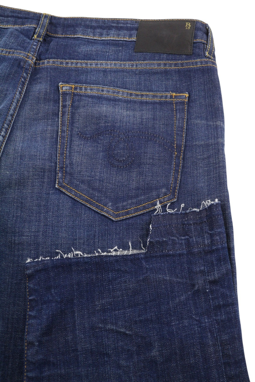 R13 Boy Straight Women Jeans 31 Howell Indigo Uneven Hem Whisker Fade