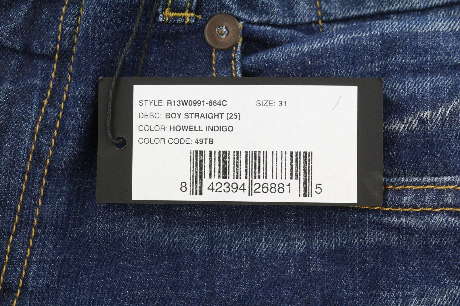 R13 Boy Straight Women Jeans 31 Howell Indigo Uneven Hem Whisker Fade