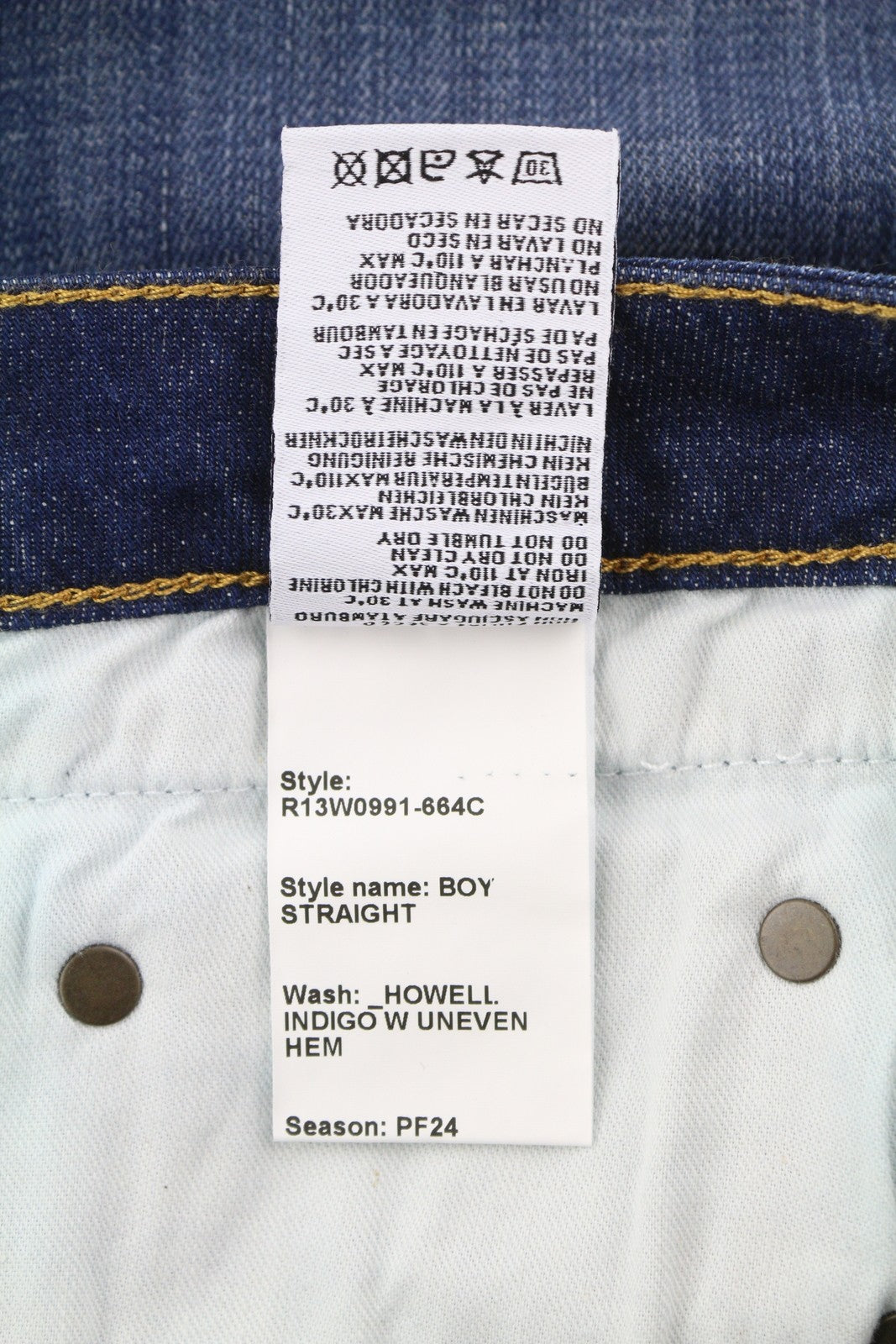 R13 Boy Straight Women Jeans 31 Howell Indigo Uneven Hem Whisker Fade