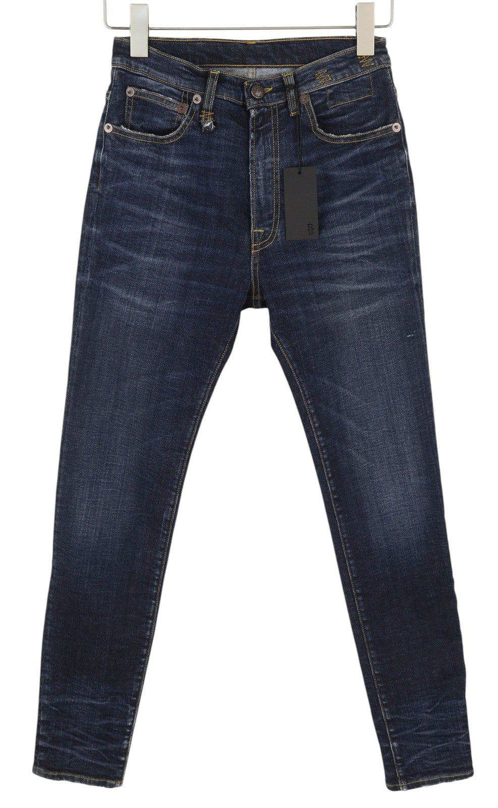 R13 High Rise Skinny Women Jeans 27 Howell Indigo Faded Whisker Distress