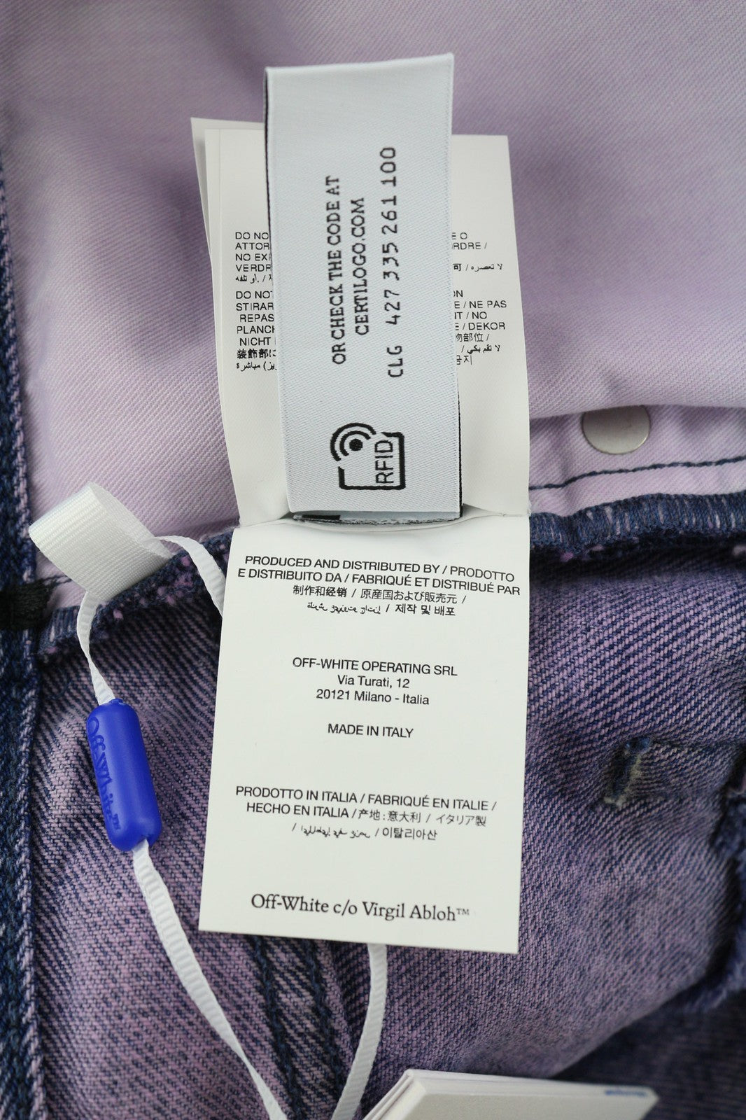 OFF-WHITE Punk Stripe Straight Men Jeans W33 Distressed Cut-Out Denim