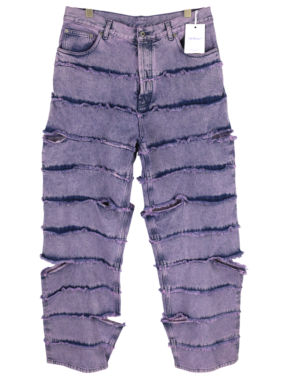 OFF-WHITE Punk Stripe Straight Men Jeans W33 Distressed Cut-Out Denim