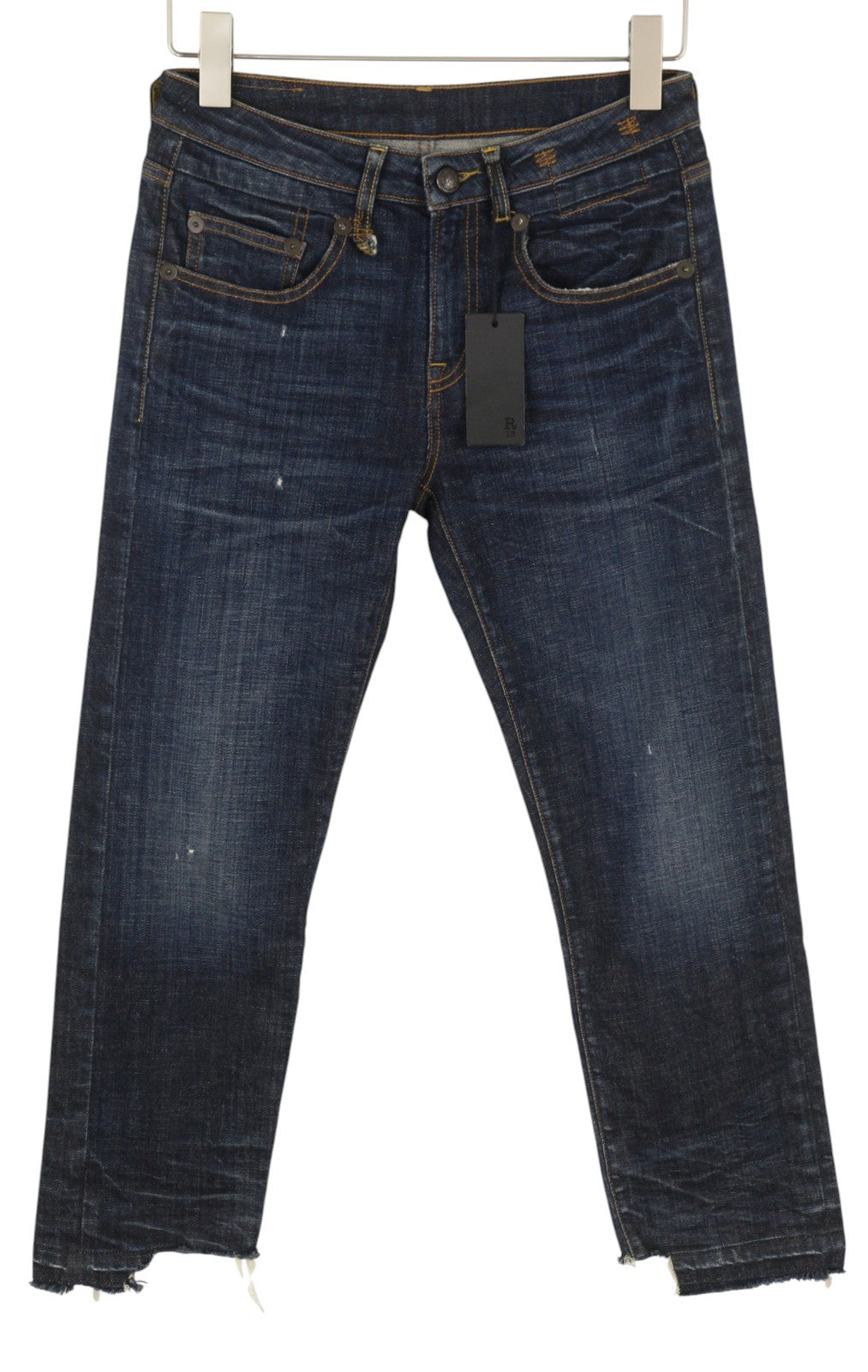 R13 Boy Straight Women Jeans 27 Howell Indigo Distressed Cropped Ankle