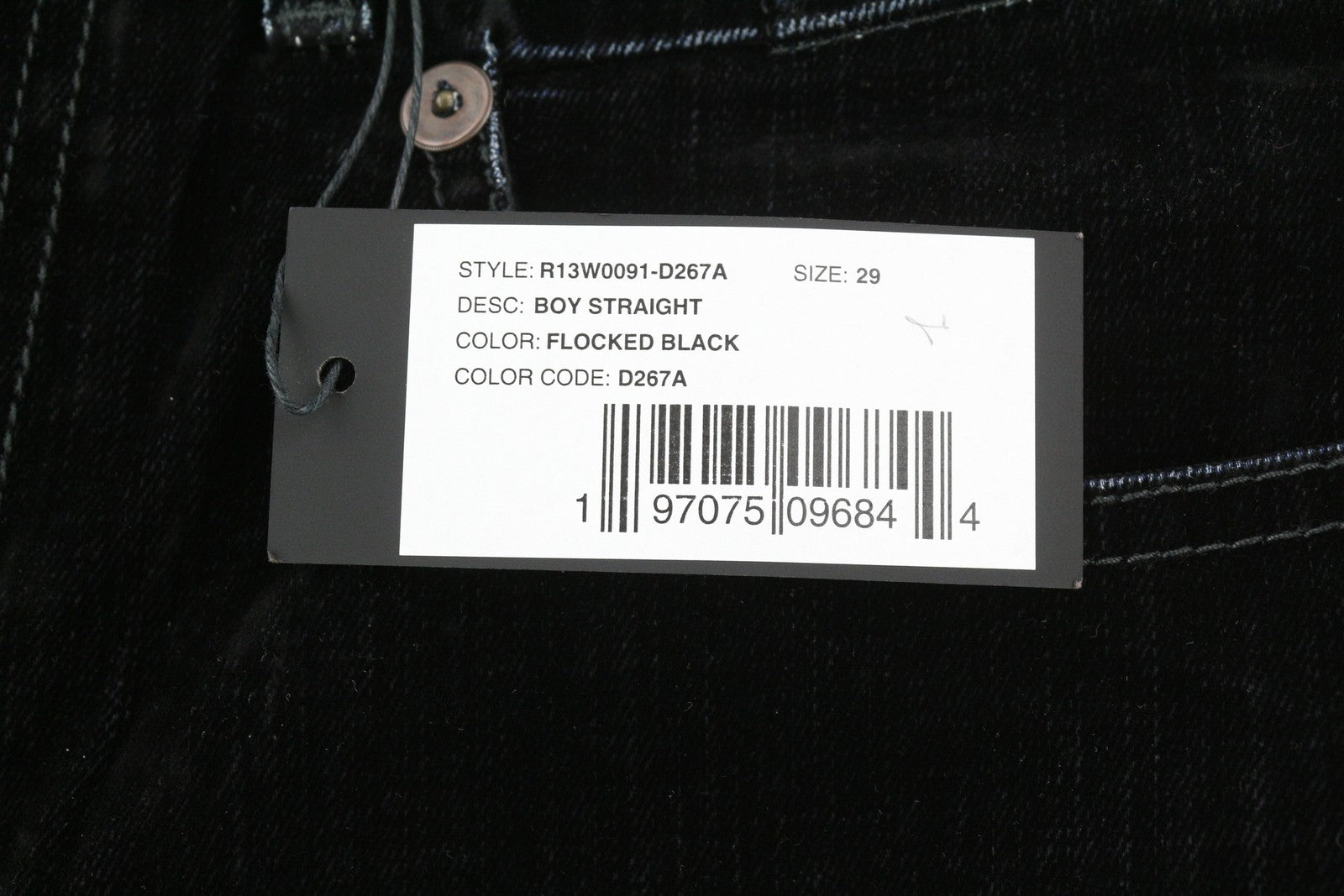 R13 Boy Straight Women Jeans 29 Black Velvet Flocked Low Rise Cropped Ankle