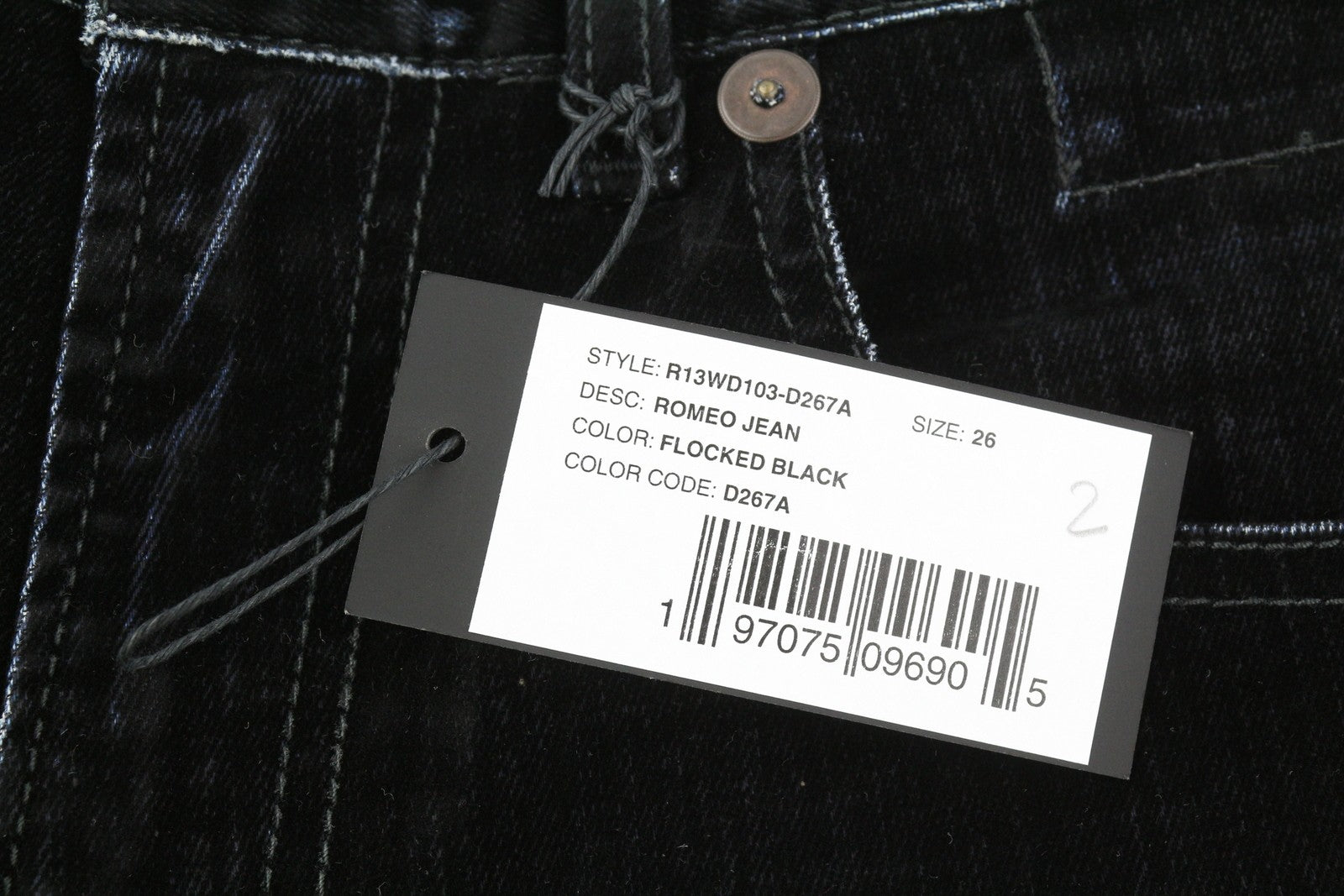 R13 Romeo Women Jeans 26 Black Velvet Flocked Cropped Low Rise Logo