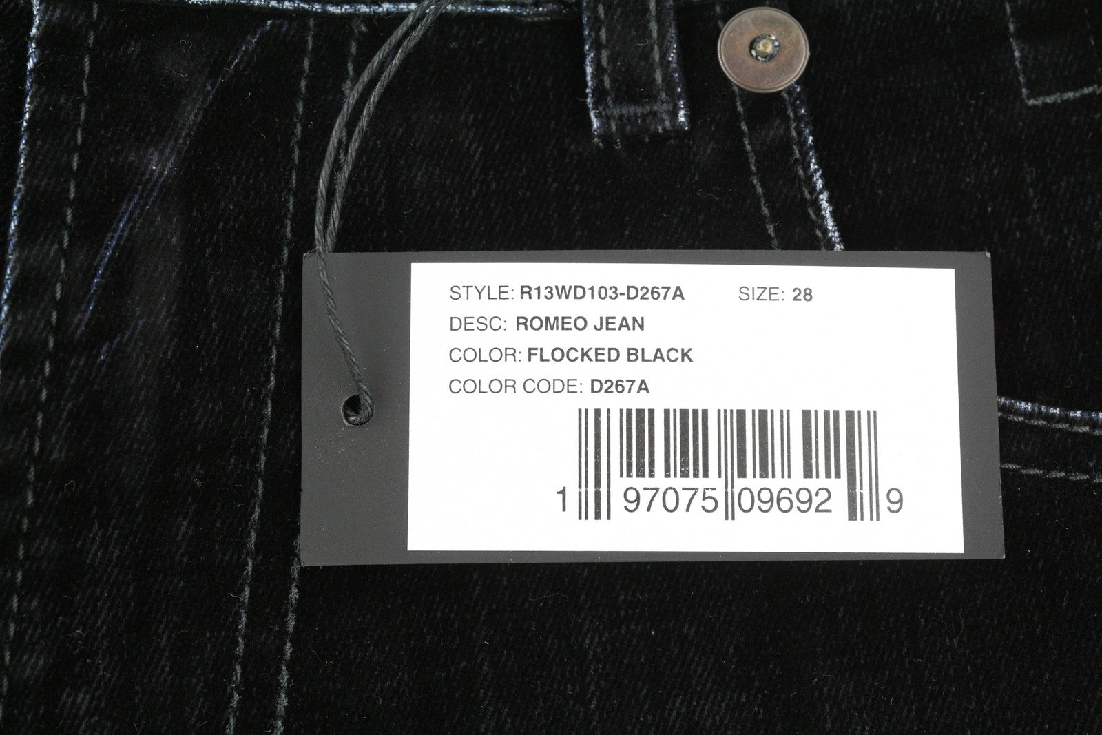 R13 Romeo Women Jeans 28 Black Velvet Flocked Cropped Low Rise Logo