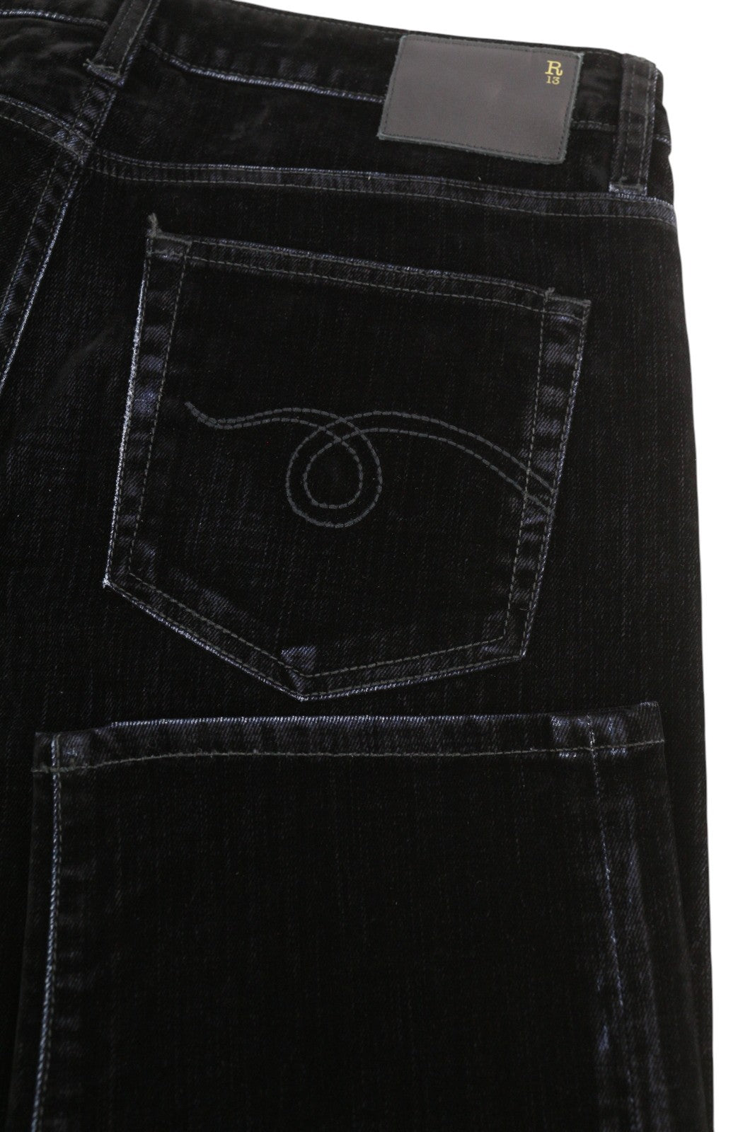 R13 Boy Straight Women Jeans 26 Black Velvet Flocked Cropped Ankle Dark