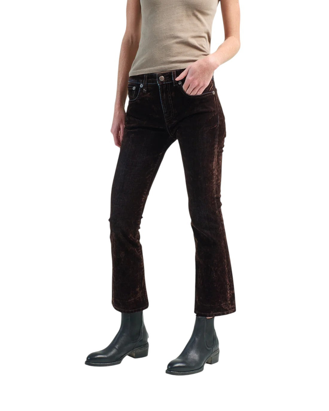 R13 Kick Fit Women Jeans 24 Brown Velvet Flocked Low Rise Cropped Ankle