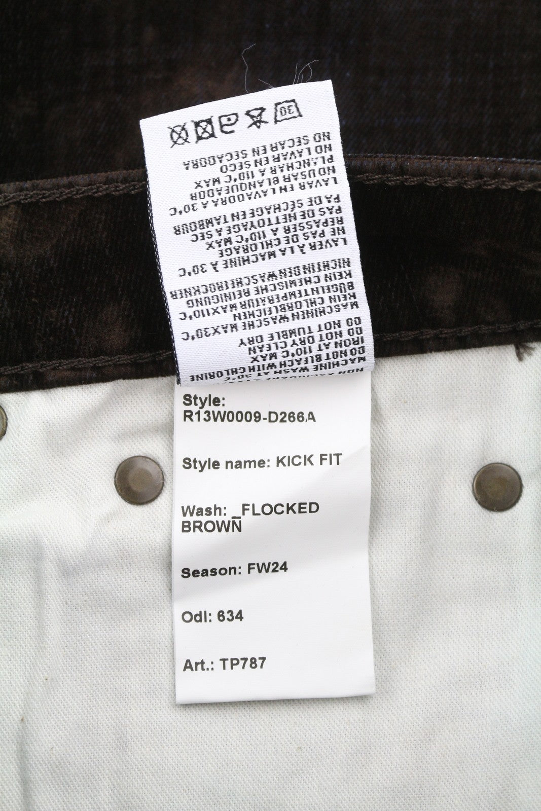 R13 Kick Fit Women Jeans 24 Brown Velvet Flocked Low Rise Cropped Ankle