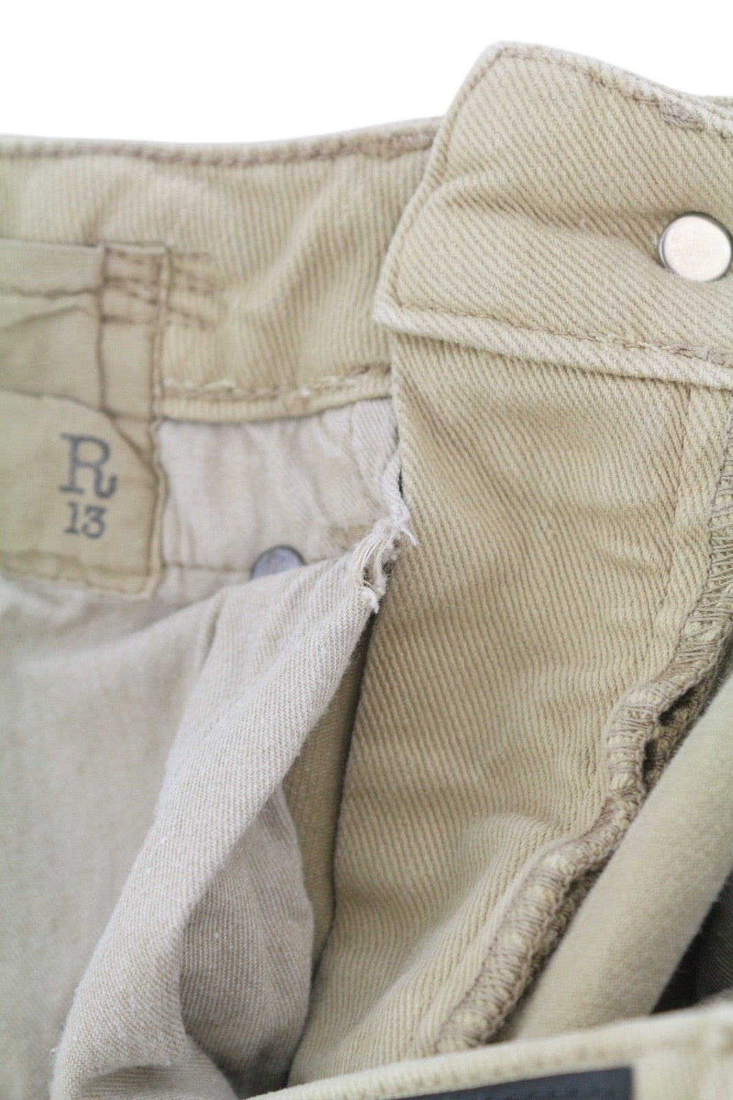 R13 Boy Straight Women Jeans 24 Khaki Stretch Washed Cropped Zip Ankle RRP699