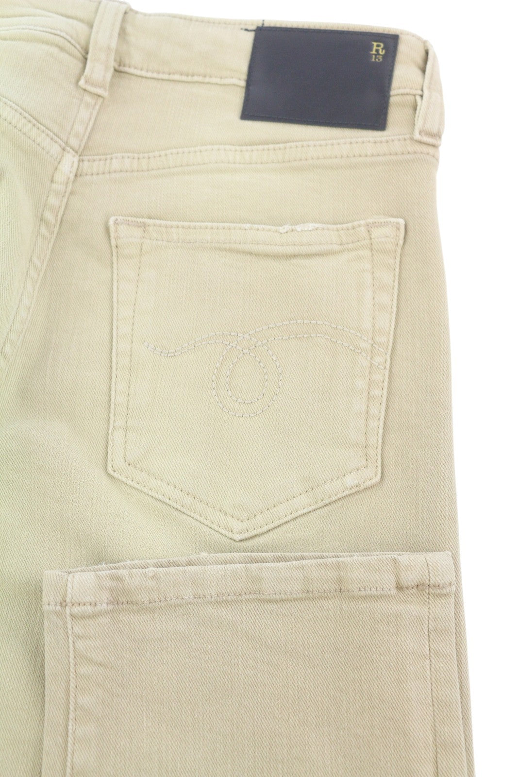 R13 Boy Straight Women Jeans 24 Khaki Stretch Washed Cropped Zip Ankle RRP699