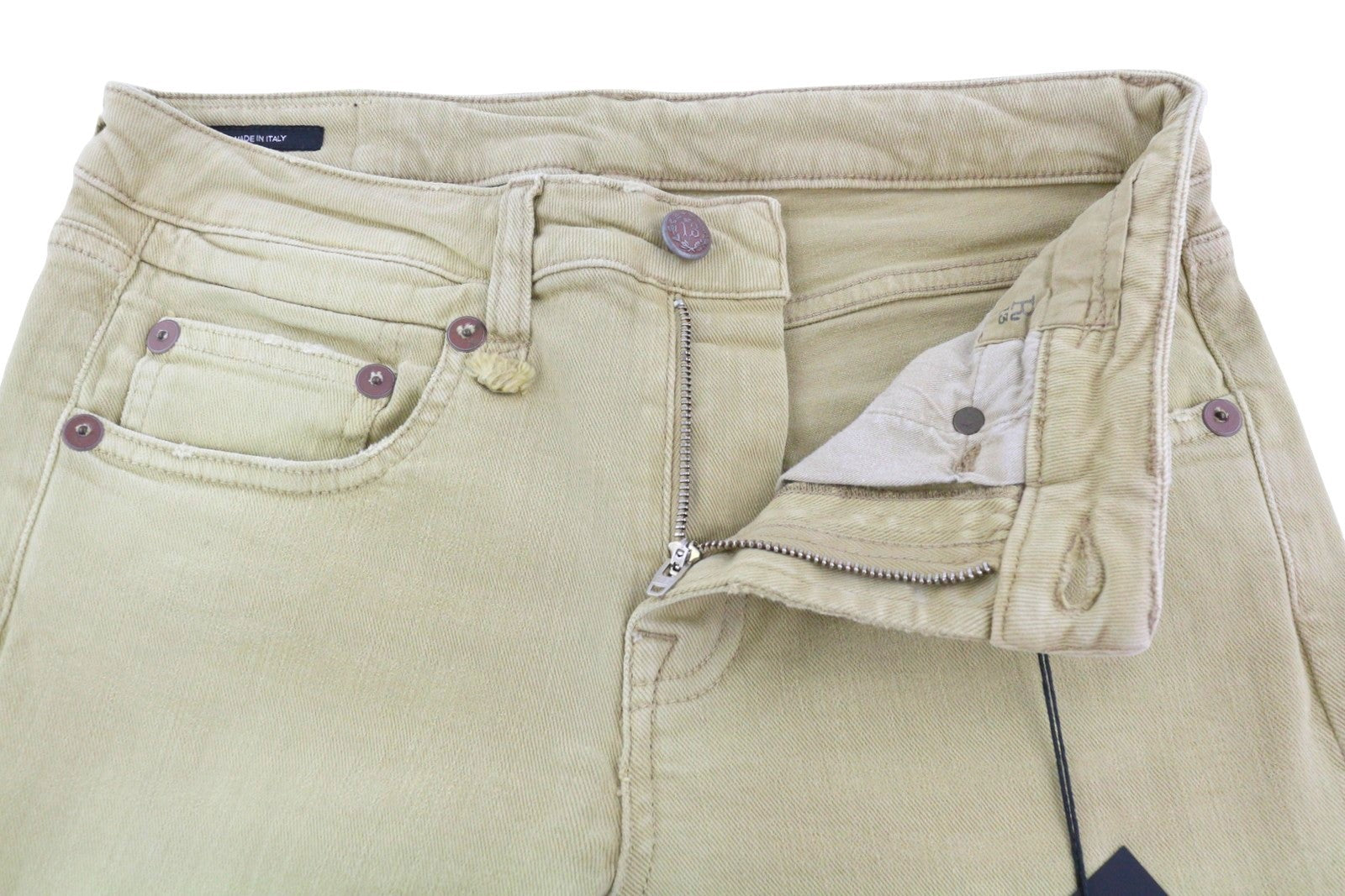 R13 Boy Straight Women Jeans 27 Khaki Stretch Washed Cropped Zip Ankle RRP699