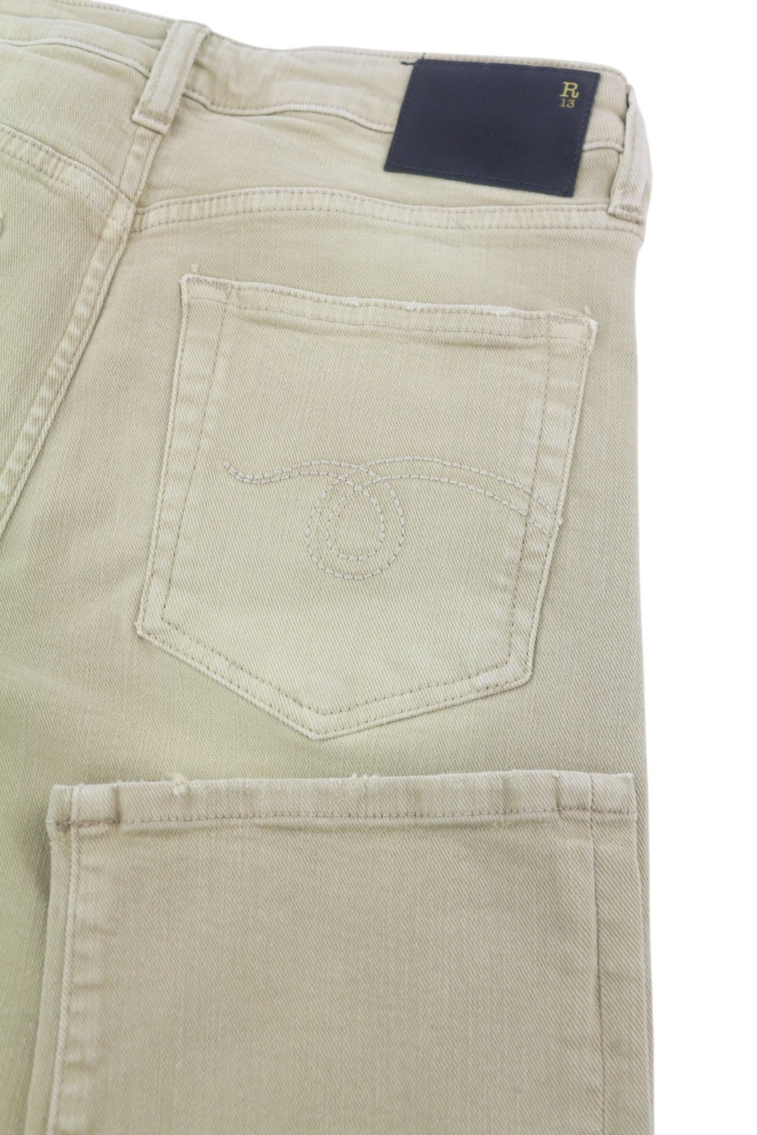 R13 Boy Straight Women Jeans 27 Khaki Stretch Washed Cropped Zip Ankle RRP699