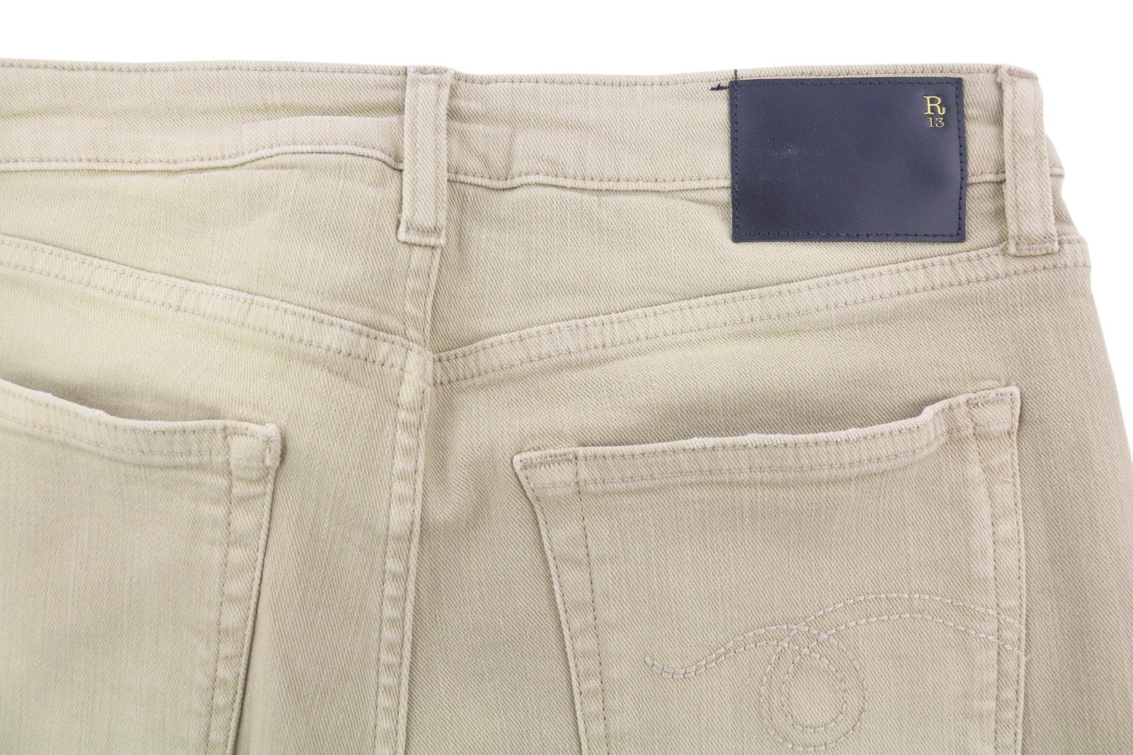 R13 Boy Straight Women Jeans 28 Khaki Stretch Washed Cropped Zip Ankle RRP699