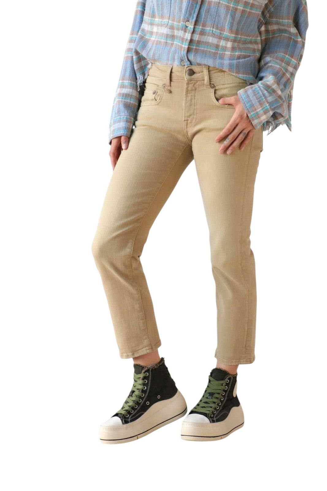 R13 Boy Straight Women Jeans 29 Khaki Stretch Washed Casual Ankle RRP699