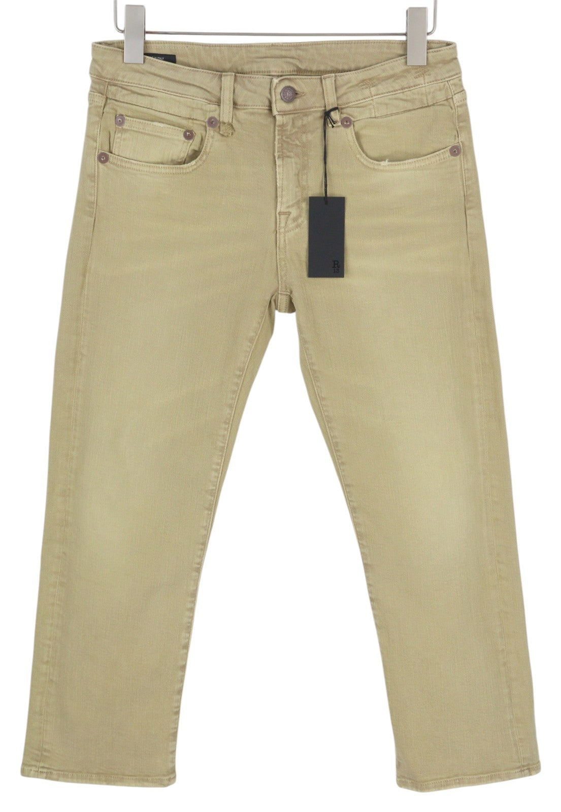 R13 Boy Straight Women Jeans 29 Khaki Stretch Washed Logo Ankle RRP699
