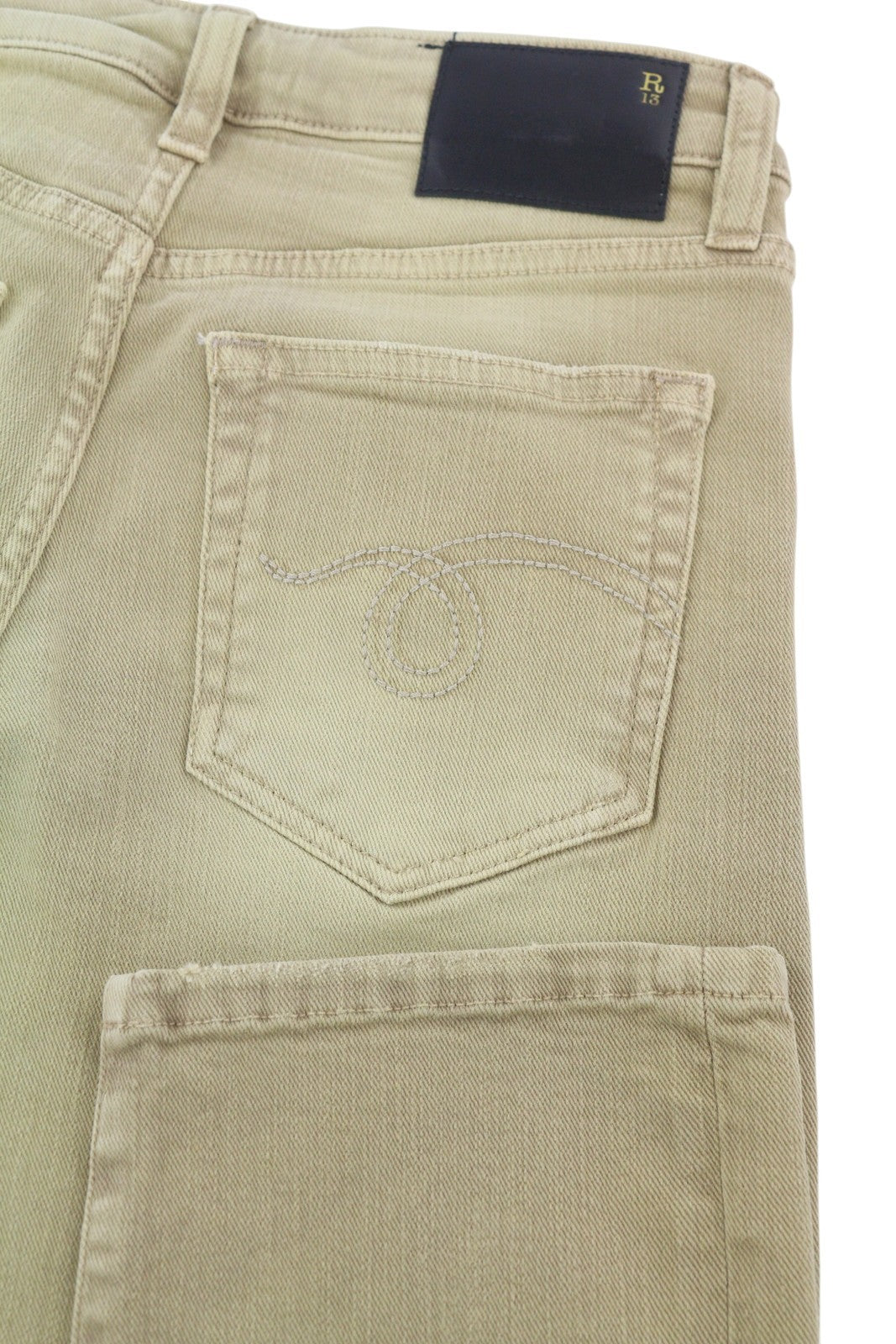 R13 Boy Straight Women Jeans 24 Khaki Stretch Washed Logo Ankle RRP699