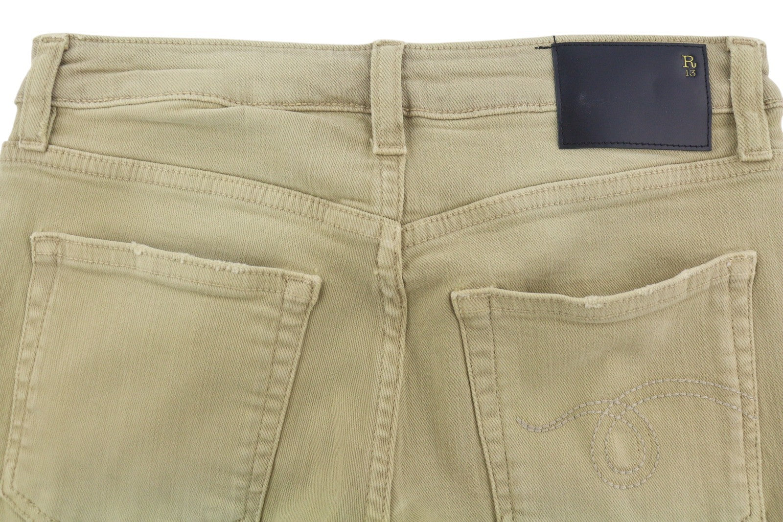 R13 Boy Straight Women Jeans 24 Khaki Stretch Faded Casual Ankle RRP699