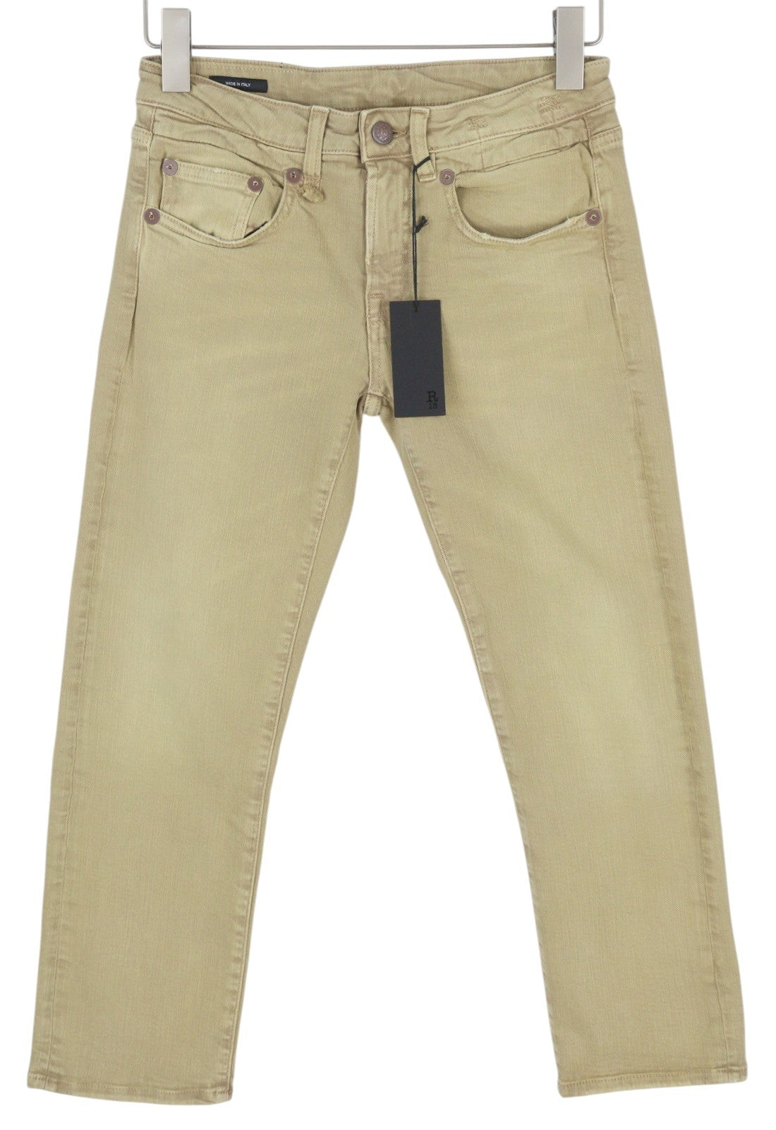 R13 Boy Straight Women Jeans 26 Khaki Stretch Washed Logo Ankle RRP699