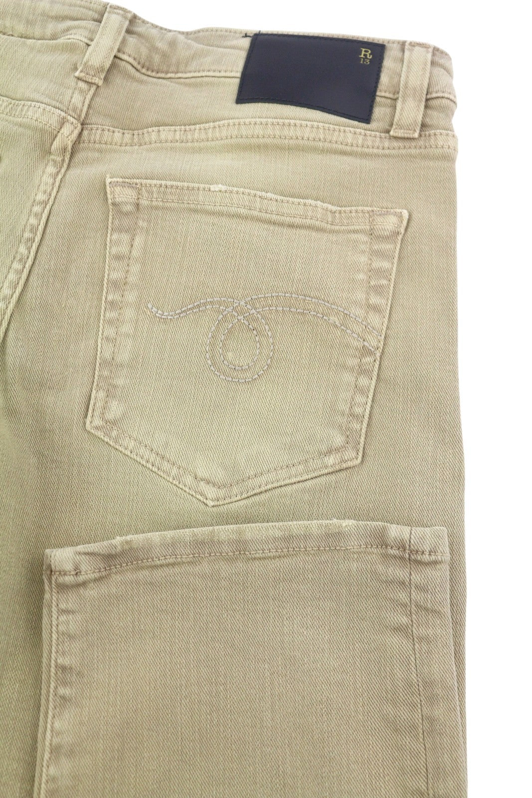 R13 Boy Straight Women Jeans 26 Khaki Stretch Washed Logo Ankle RRP699