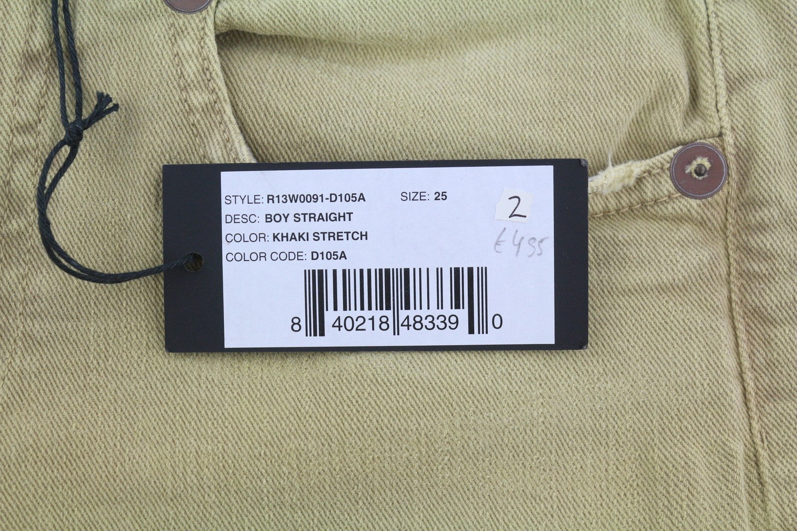 R13 Boy Straight Women Jeans 26 Khaki Stretch Washed Logo Ankle RRP699