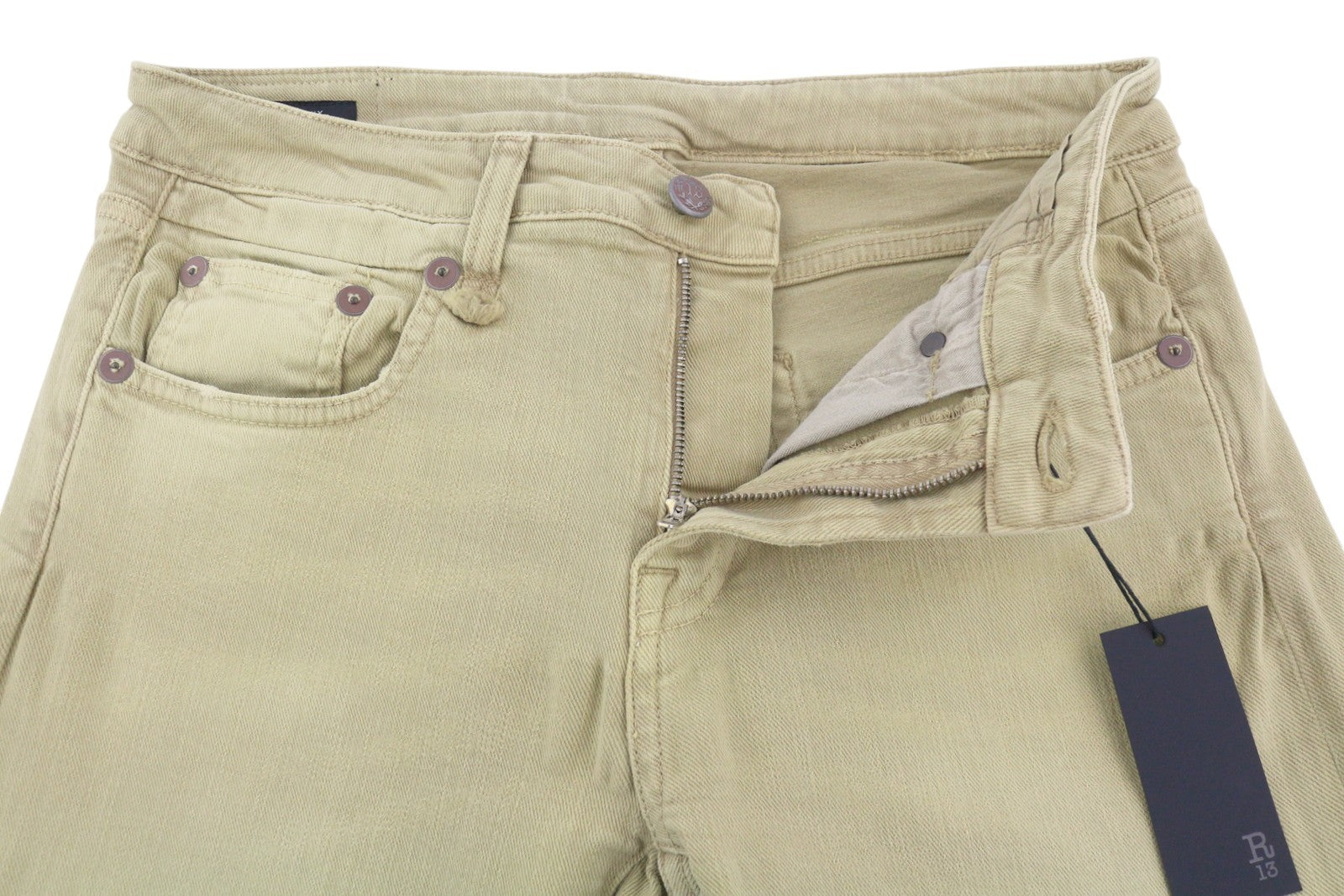 R13 Boy Straight Women Jeans 28 Khaki Stretch Denim Cropped Ankle RRP699