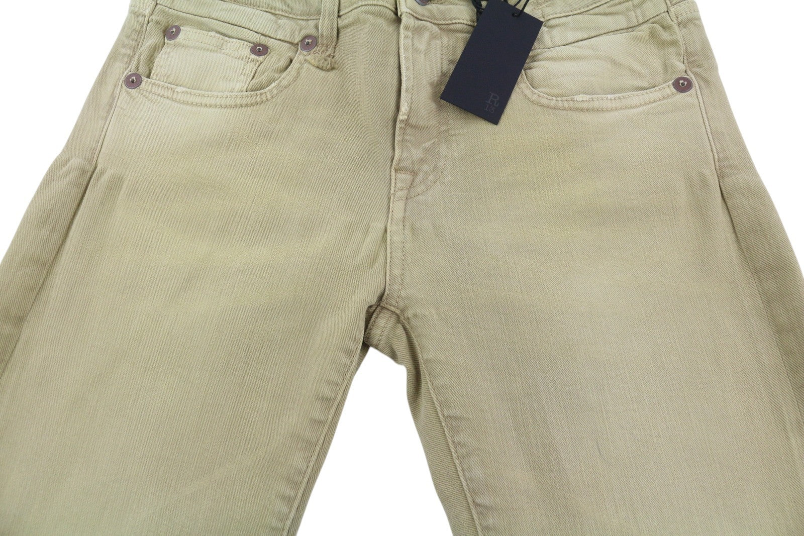 R13 Boy Straight Women Jeans 28 Khaki Stretch Denim Cropped Pocket RRP699