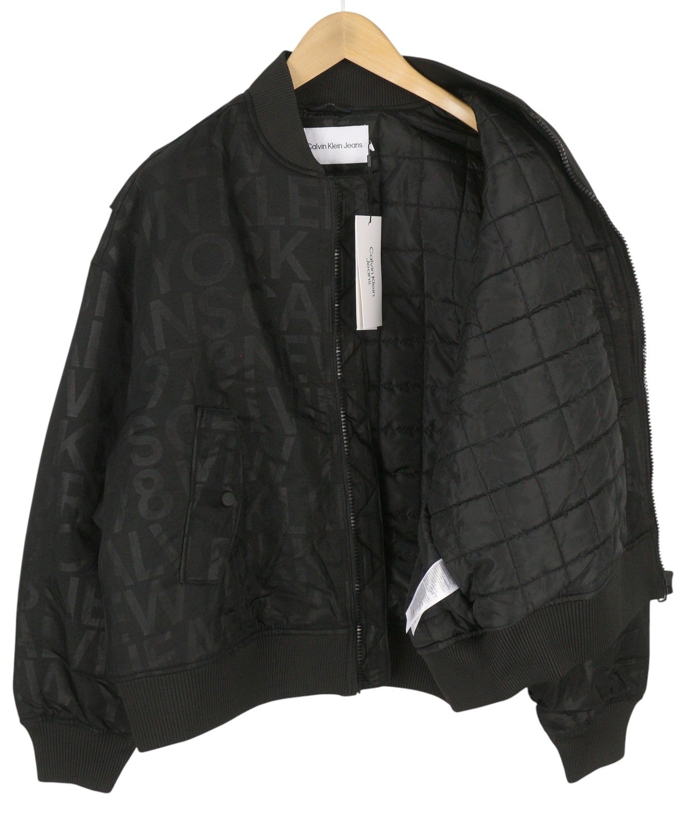 CALVIN KLEIN Men Jacket L Black Bold Logo Quilted Loose Fit Bomber RRP149