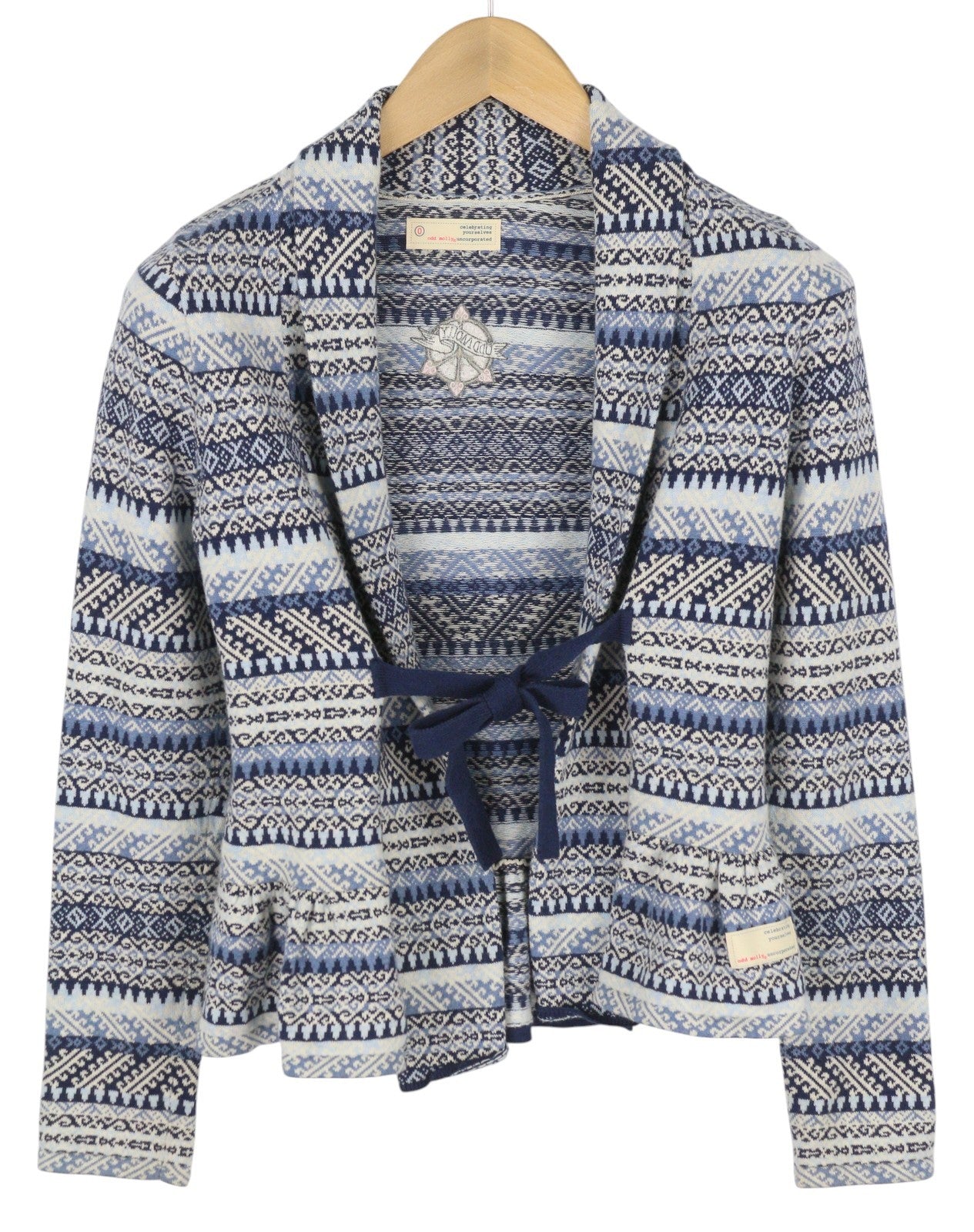 ODD MOLLY 616M-654B Women Jumper XS Blue Pattern Knit Strap Detail Cardigan