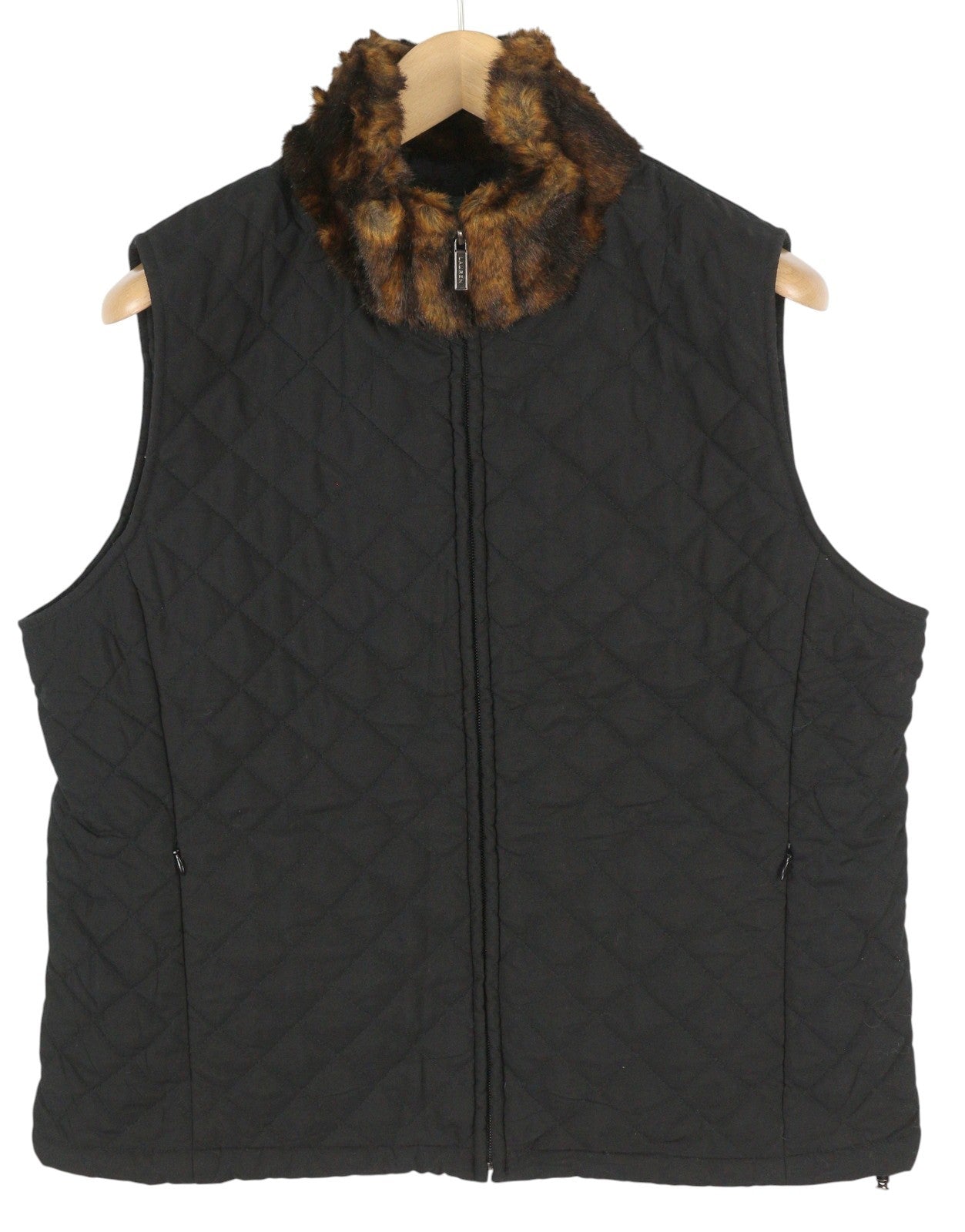 LAUREN RALPH LAUREN Women Waistcoat L Black Quilted Faux Fur Collar Insulated