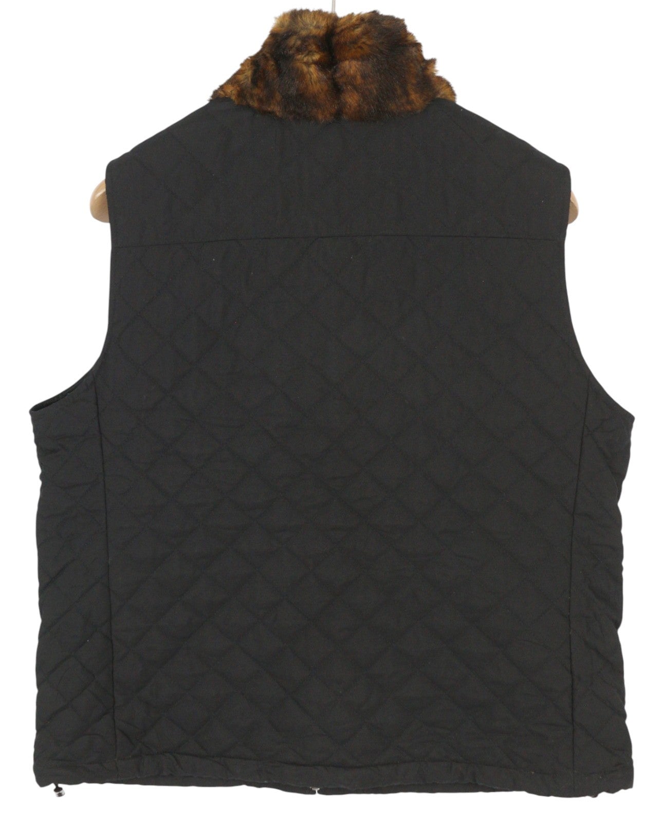 LAUREN RALPH LAUREN Women Waistcoat L Black Quilted Faux Fur Collar Insulated
