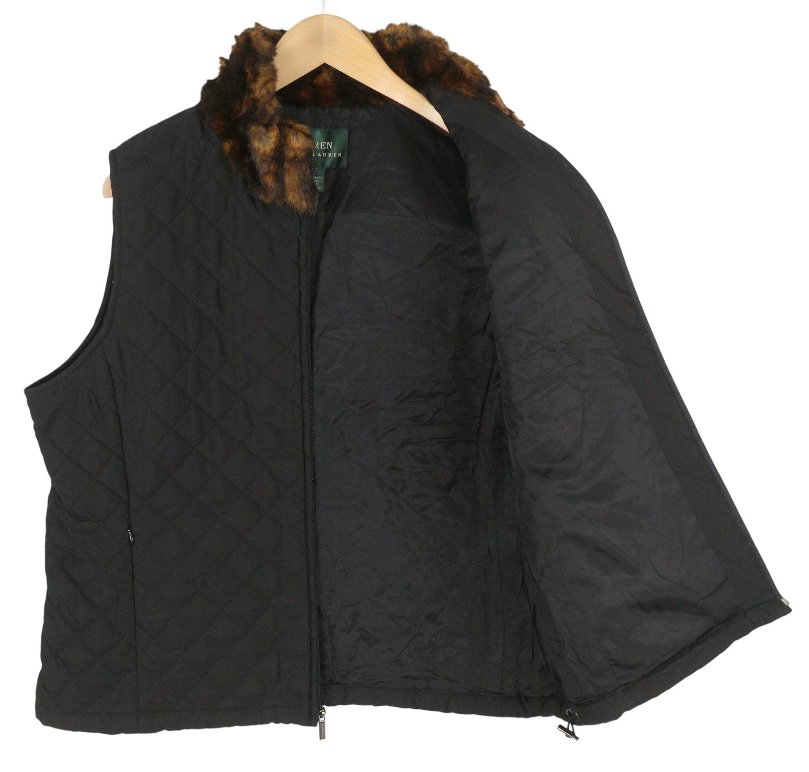 LAUREN RALPH LAUREN Women Waistcoat L Black Quilted Faux Fur Collar Insulated