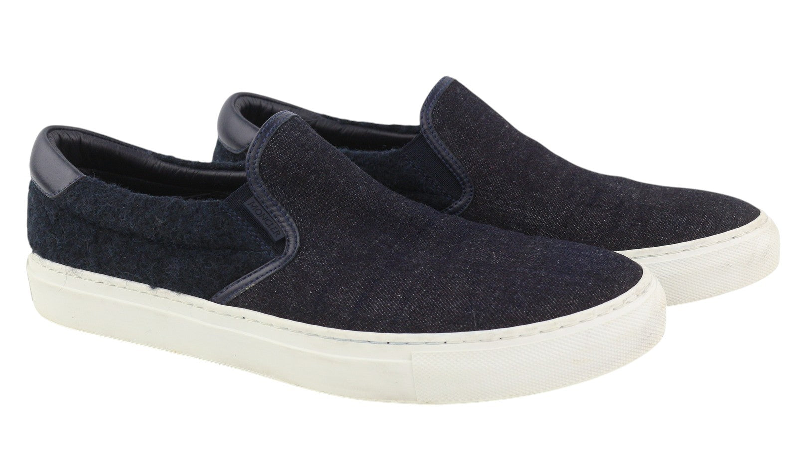 MONCLER Men Flats EU41 Dark Blue Denim Style Slip On Leather Trim