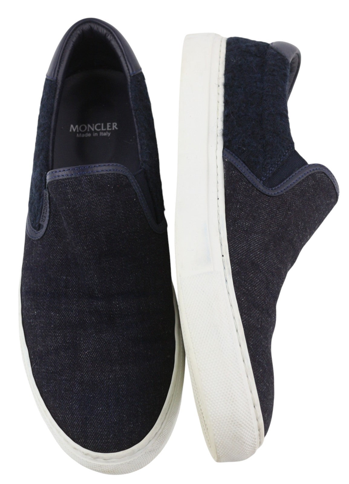 MONCLER Men Flats EU41 Dark Blue Denim Style Slip On Leather Trim