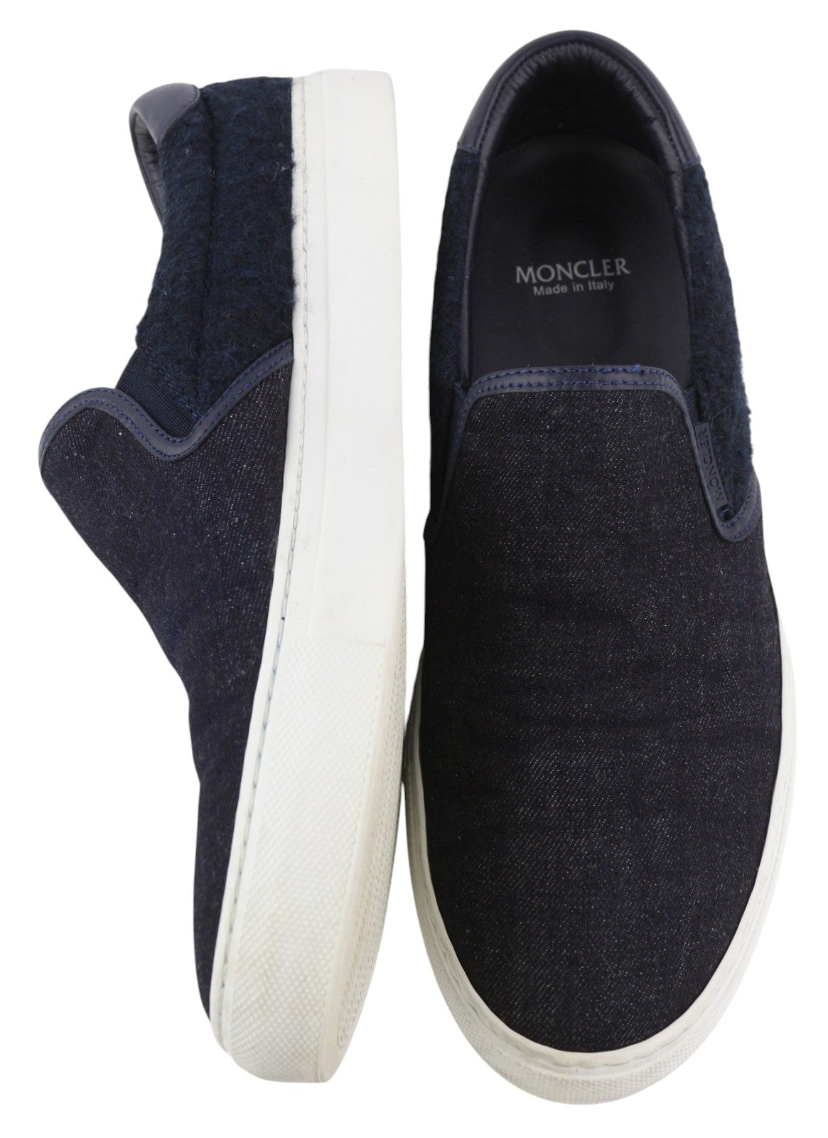 MONCLER Men Flats EU41 Dark Blue Denim Style Slip On Leather Trim