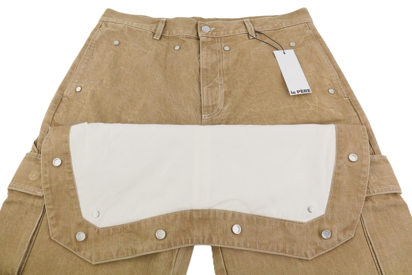 LE PERE Peek-A-Boo Men Trousers W34 Beige Wrinkled Cargo Denim RRP550