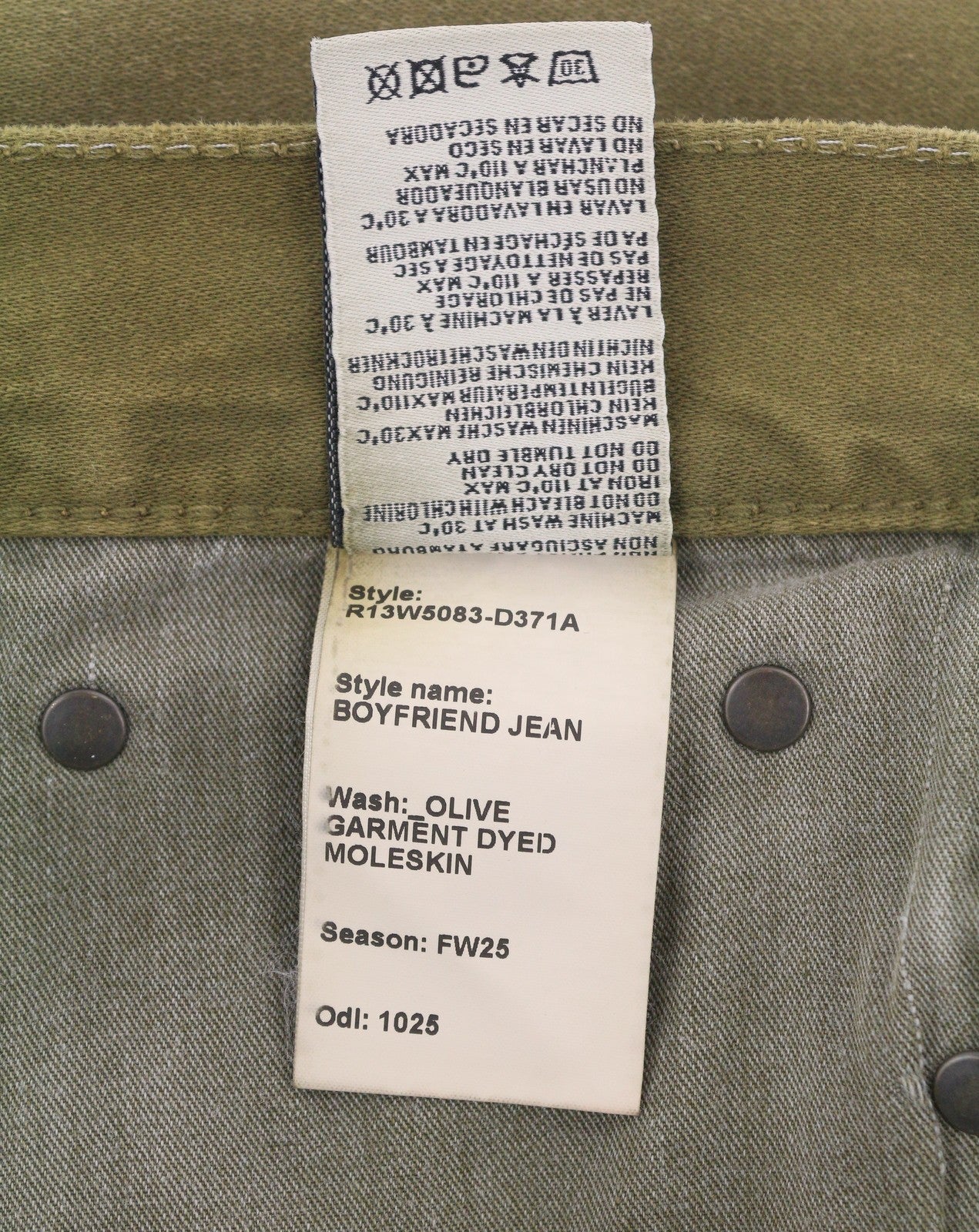 R13 Boyfriend Women Trousers 28 Olive Moleskin Cropped FW25