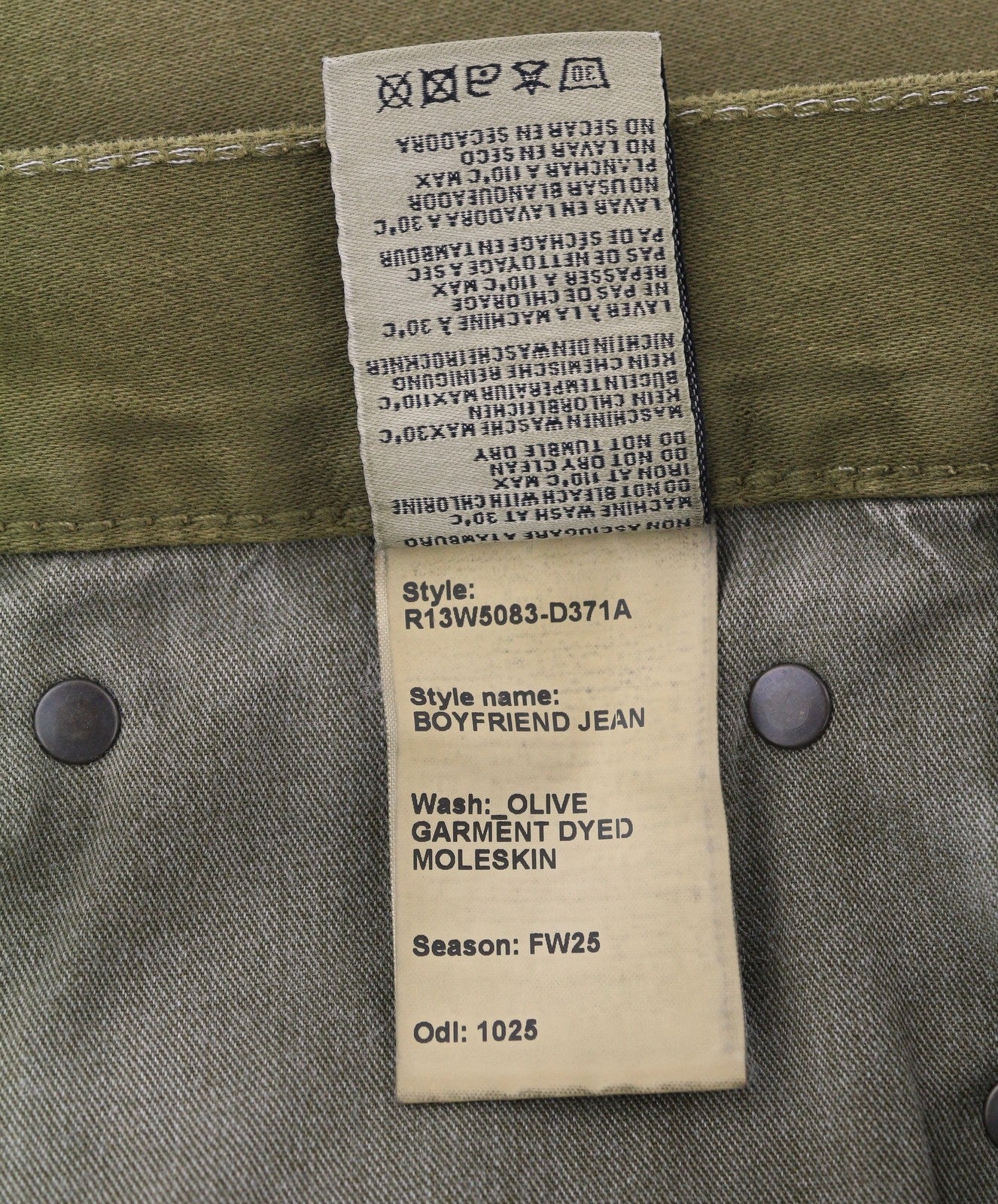 R13 Boyfriend Women Trousers 29 Olive Moleskin Cropped FW25